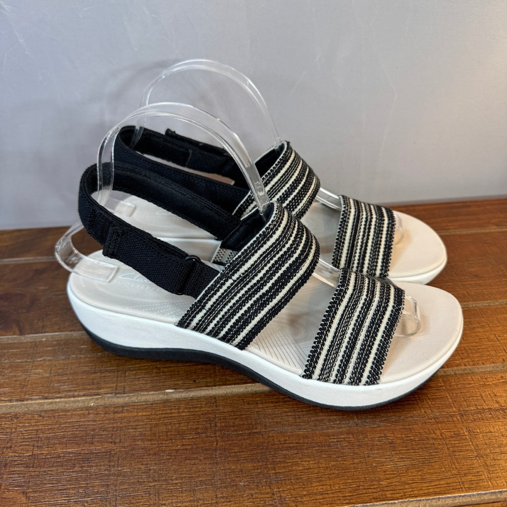 Clarks Cloudsteppers Women Striped Elastic Slingback Sandals Black White Comfort